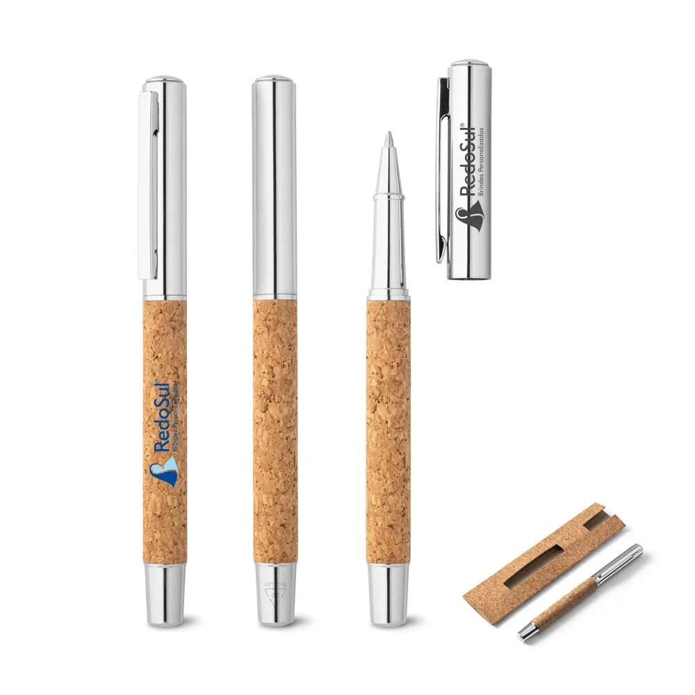 Caneta personalizada escrita Roller com corpo em aço inox e cortiça