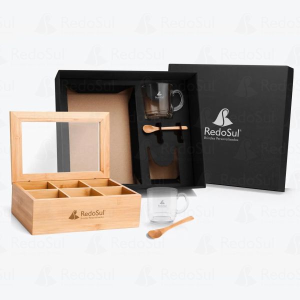 Kit personalizado para chá com caixa em bambu e colheres com 5 peças