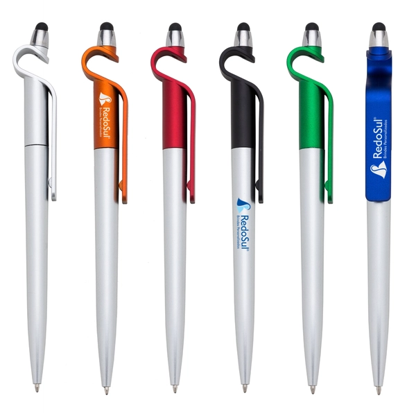 Caneta personalizada plástica com suporte para celular e touch screen