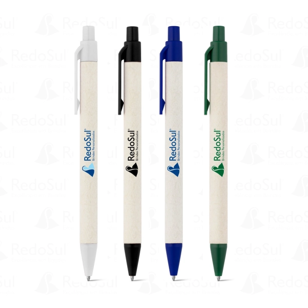 Caneta personalizada produzida através de pacotes de leite reciclado