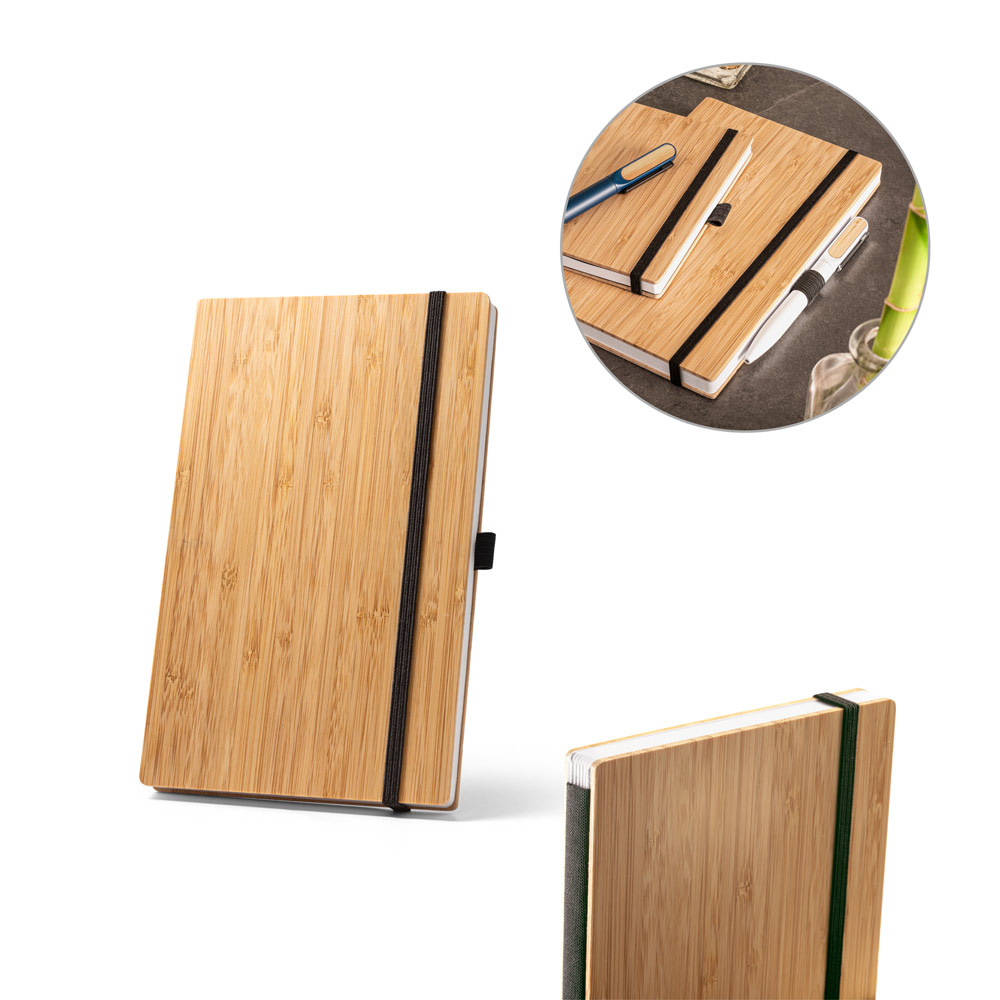 Caderno personalizado de bolso com capa de bambu e lombada em PET reciclado 160 páginas 