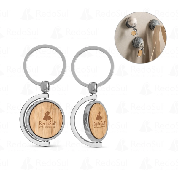 RD 95071-Chaveiro personalizado de bambu e metal redondo