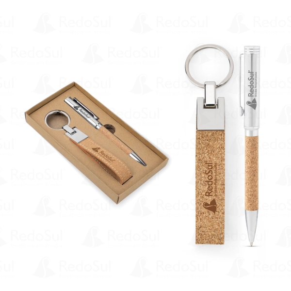 Conjunto de Caneta e Chaveiro em Metal e Cortiça Personalizado