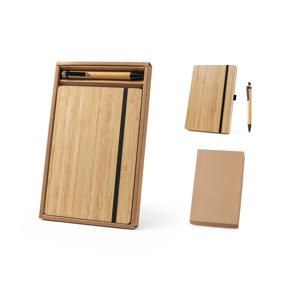 RD 93624- Conjunto de caderno 21 x 14  e caneta acabamento em bambu.